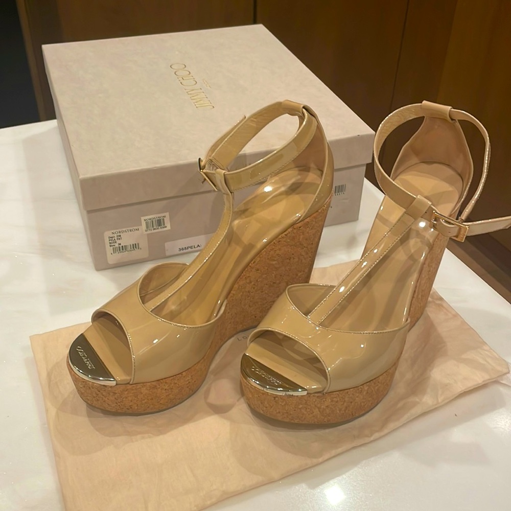 Jimmy Choo nude patent leather wedges